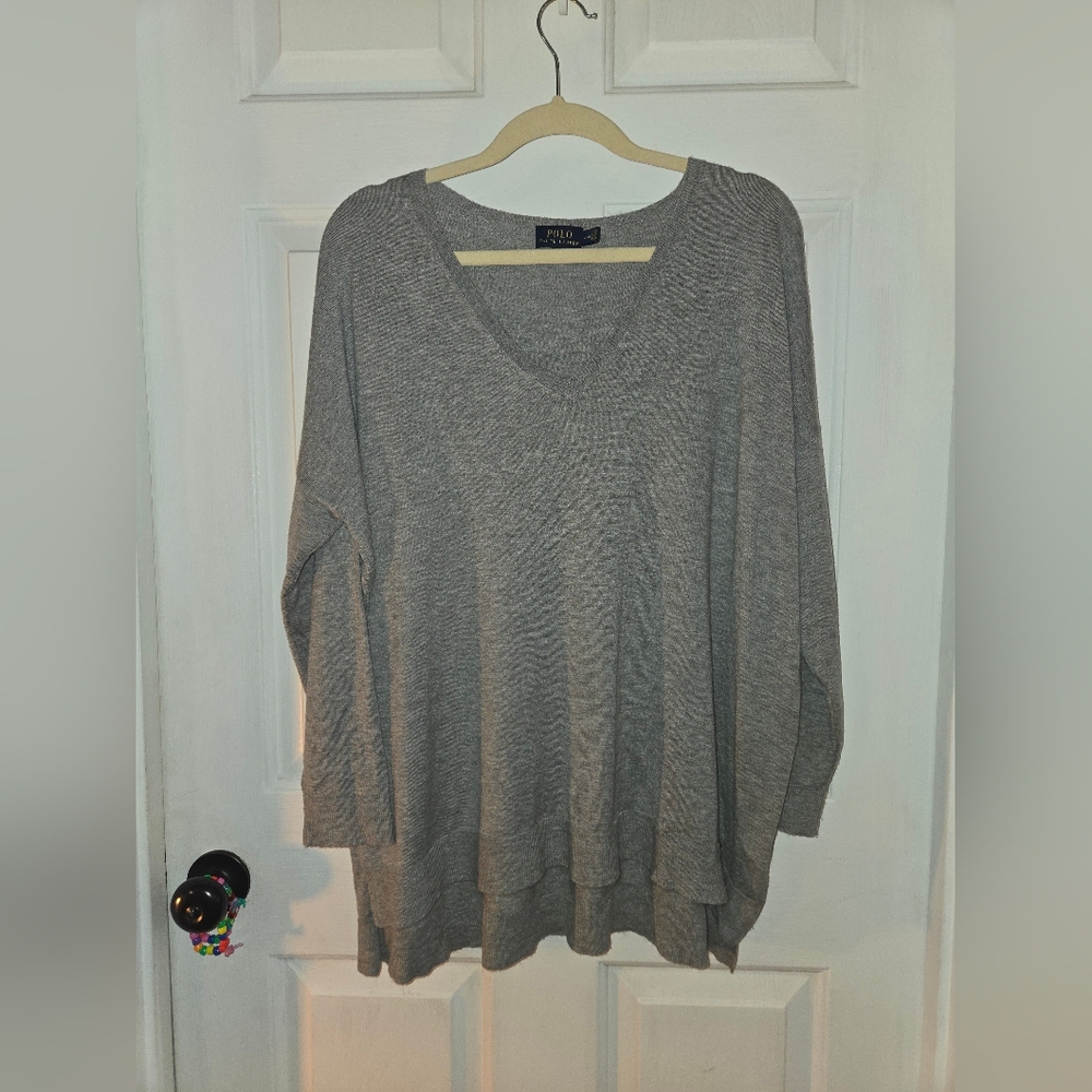 Polo Ralph Lauren Mens Wool Blend Gray Knit V Neck Medium Sweater